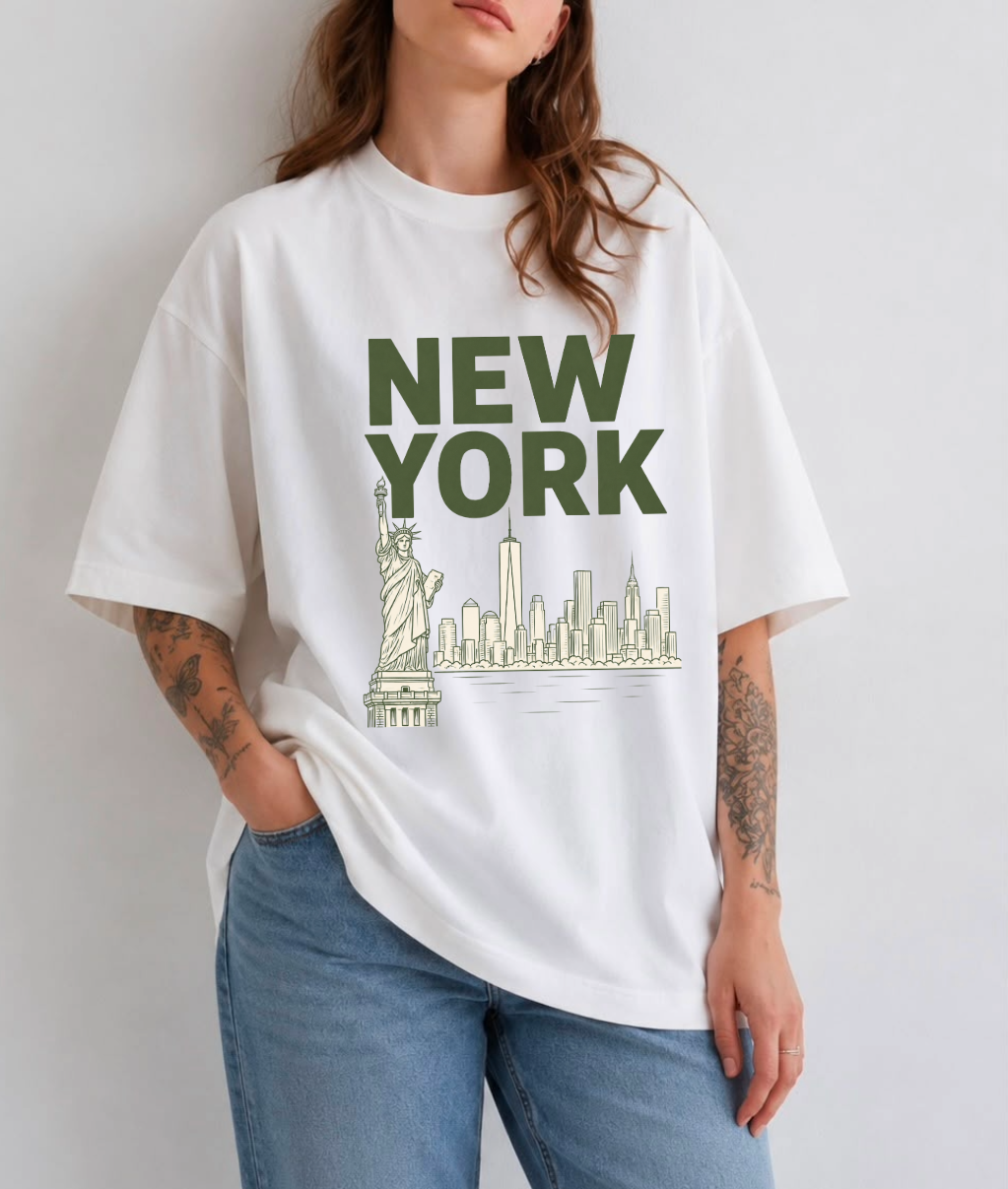 New York Skyline Front Print Oversized Tee | White