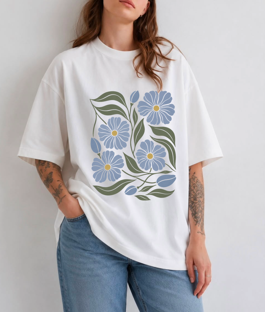 Blue Floral Front Print Oversized Tee | Black & White