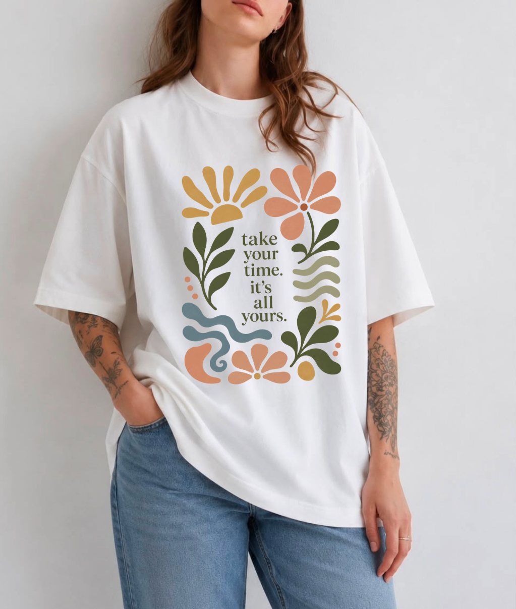 Take Your Time Front Print Oversized Tee | Black & White