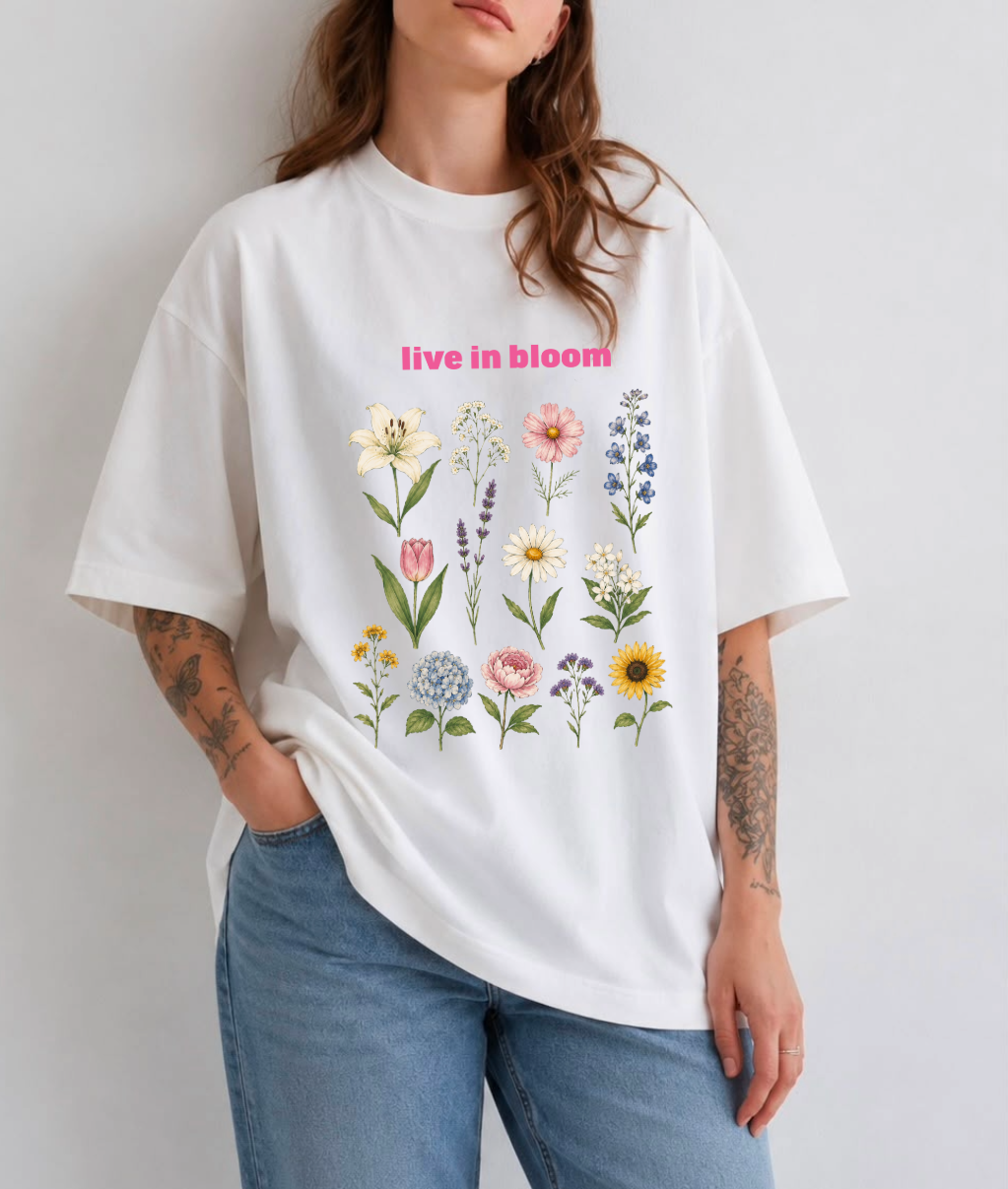 Live in Bloom Front Print Oversized Tee | Black & White