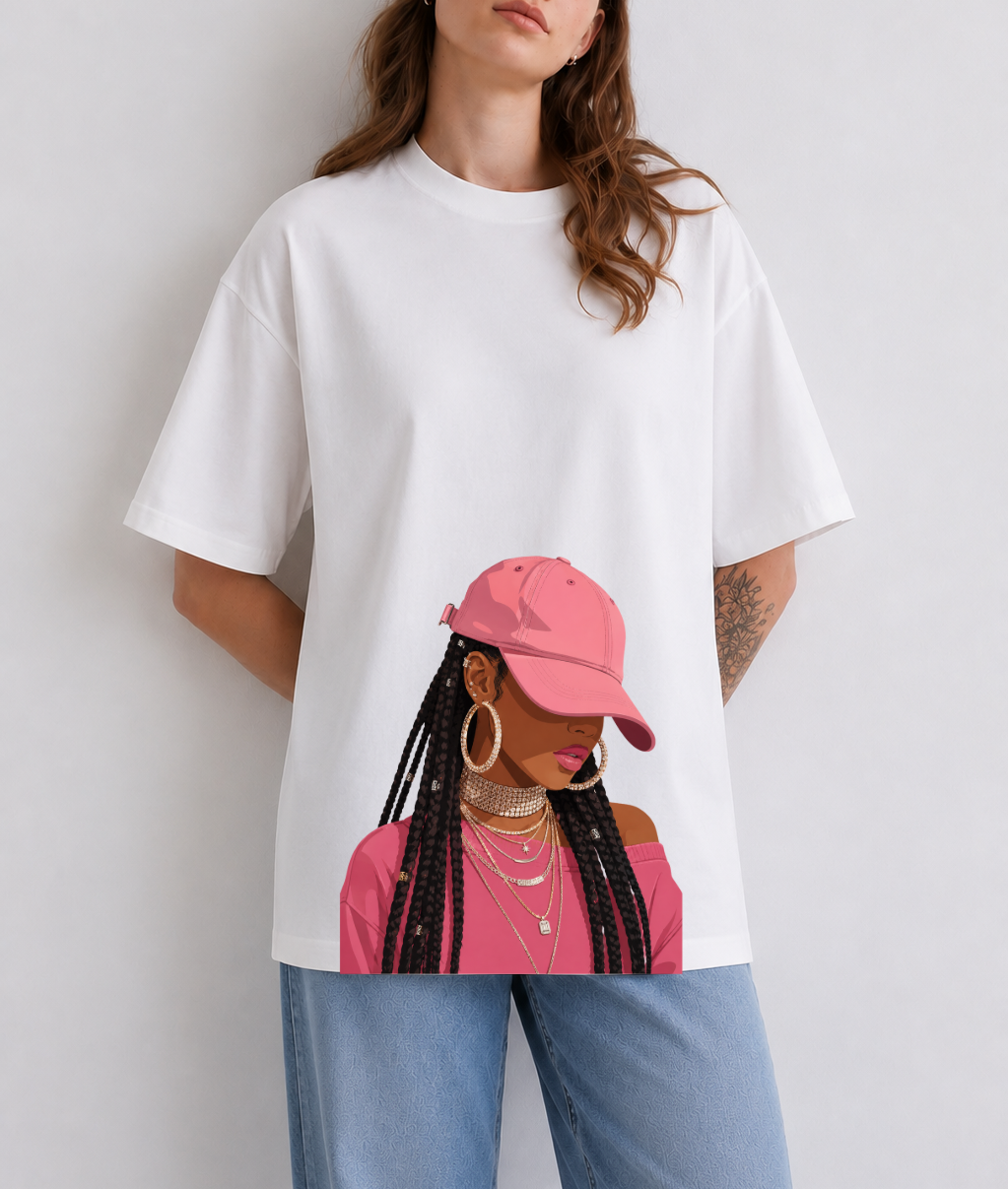 Pink Street Muse Front Print Oversized Tee | Black & White