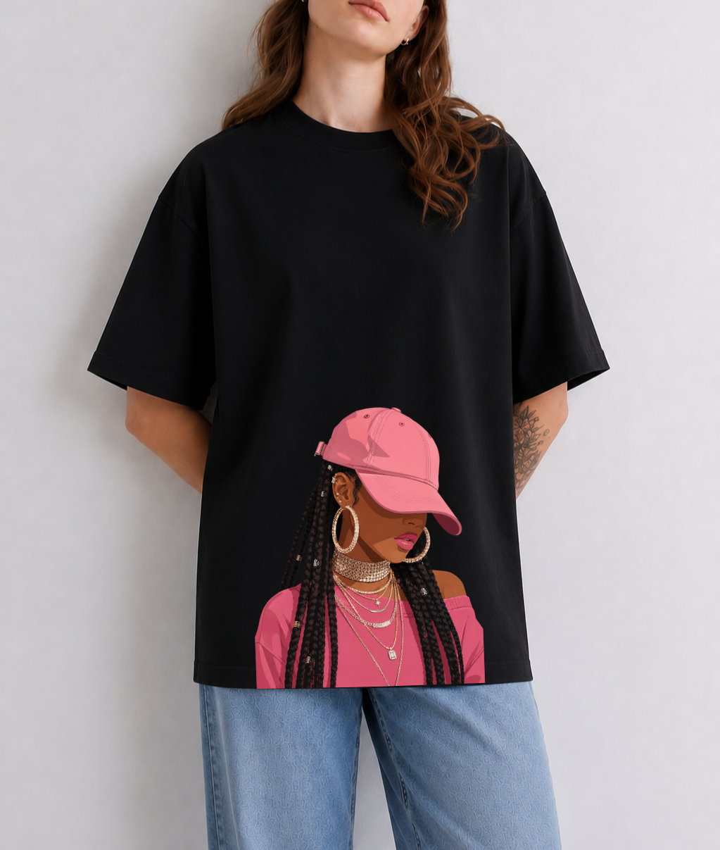 Pink Street Muse Front Print Oversized Tee | Black & White