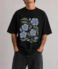 Blue Floral Front Print Oversized Tee | Black & White