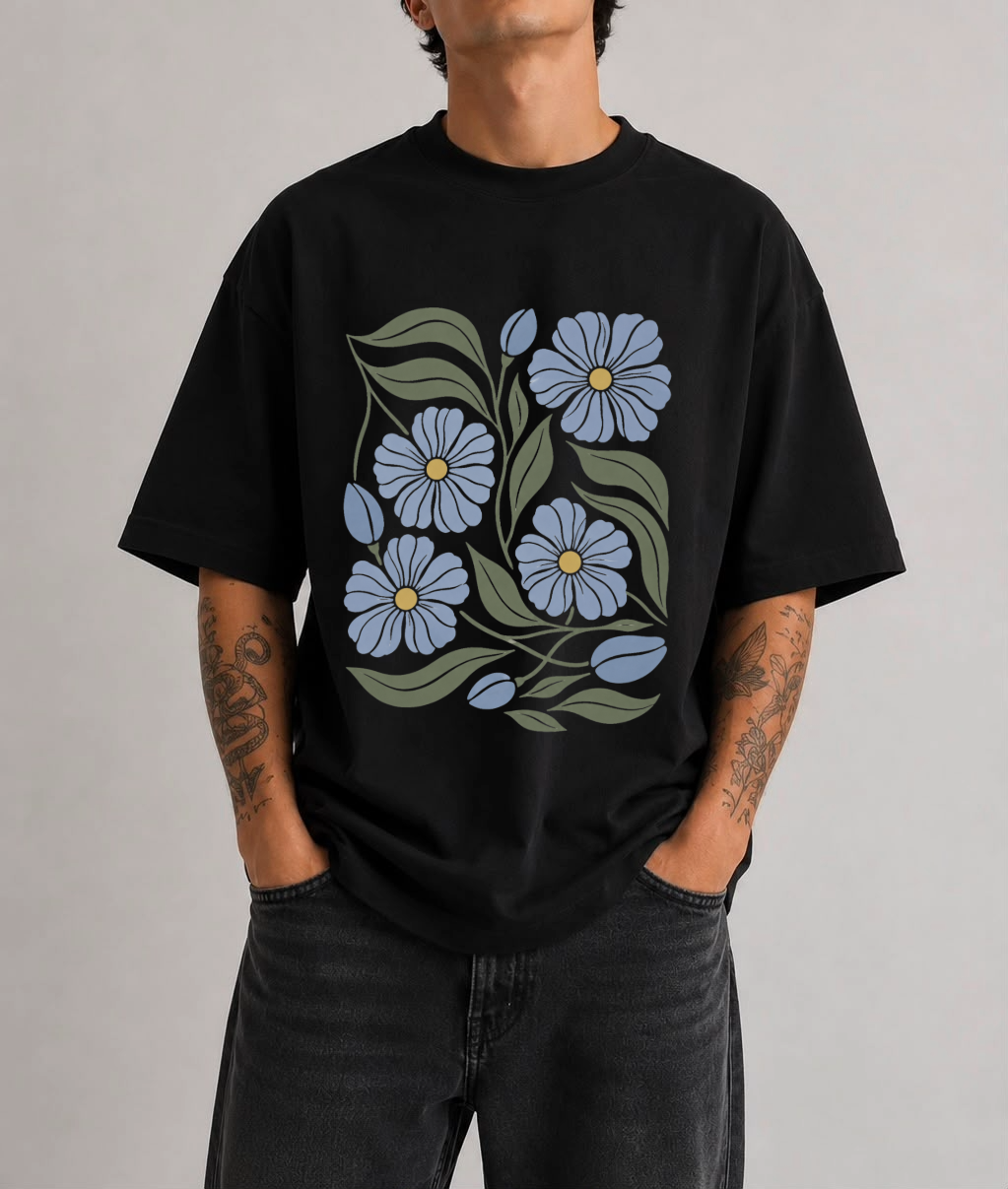 Blue Floral Front Print Oversized Tee | Black & White