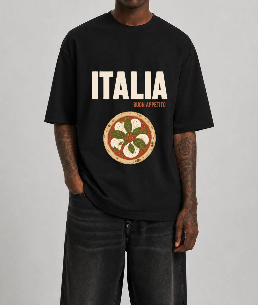 Italia Pizza Front Print Oversized Tee | Black