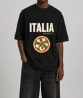 Italia Pizza Front Print Oversized Tee | Black