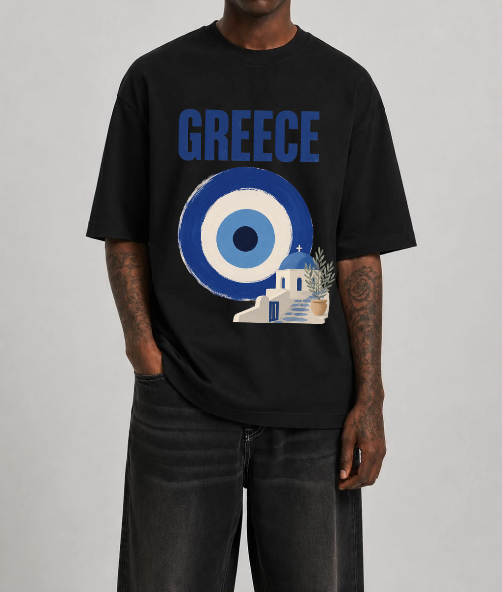 Greece Front Print Oversized Tee | Black & White