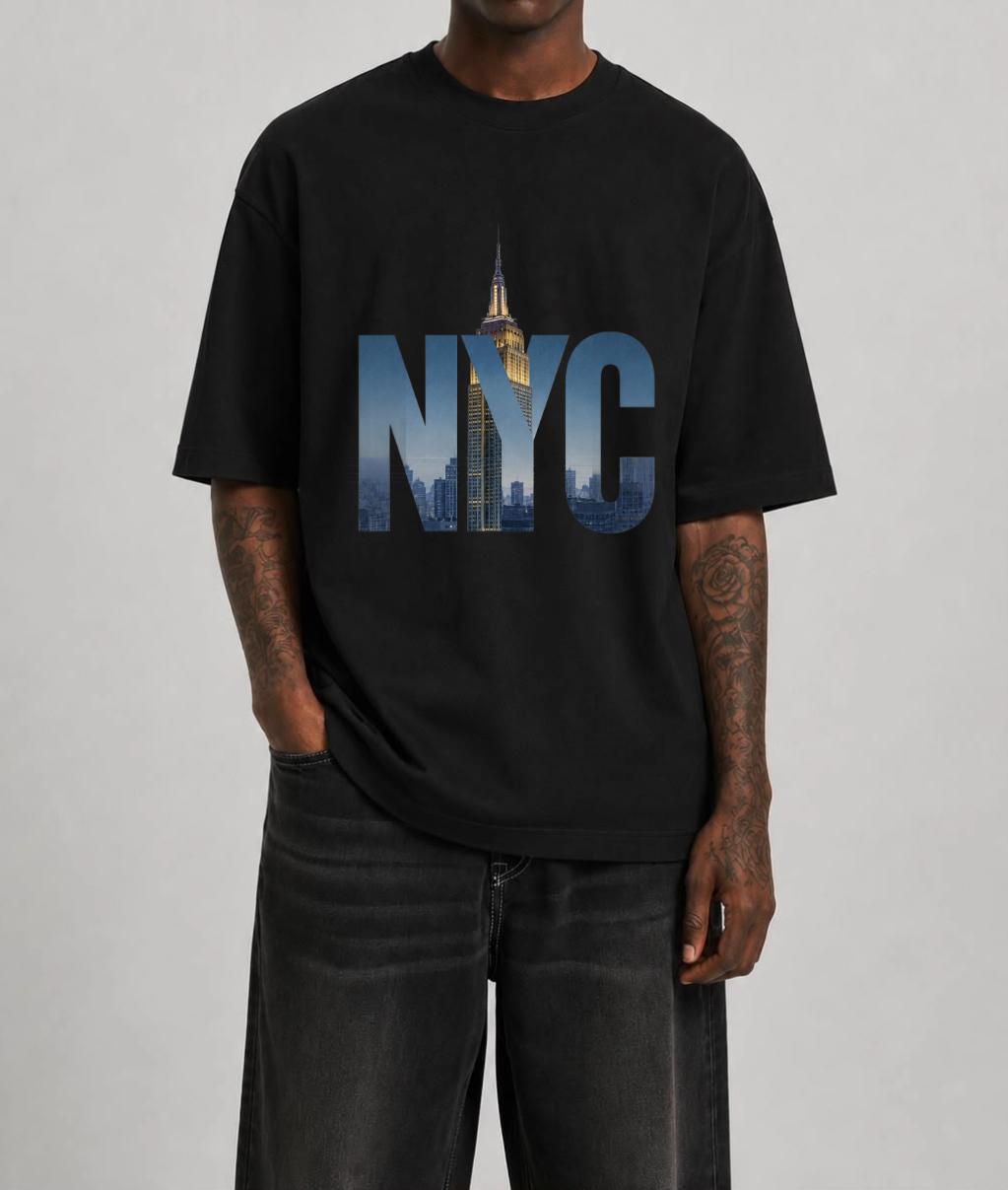 NYC Skyline Front Print Oversized Tee | Black & White