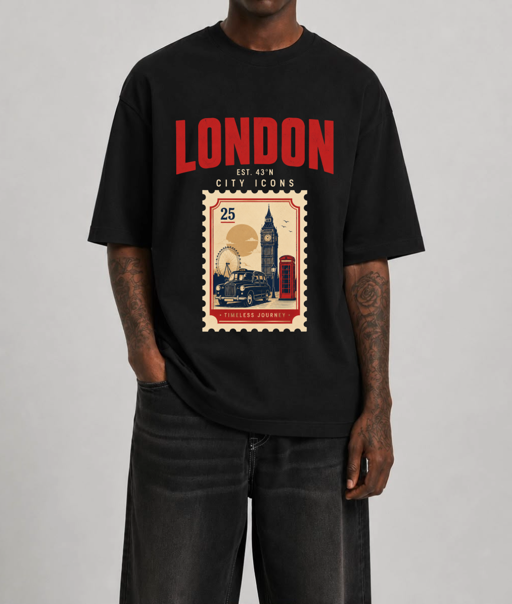 London City Icons Front Print Oversized Tee – Black / White