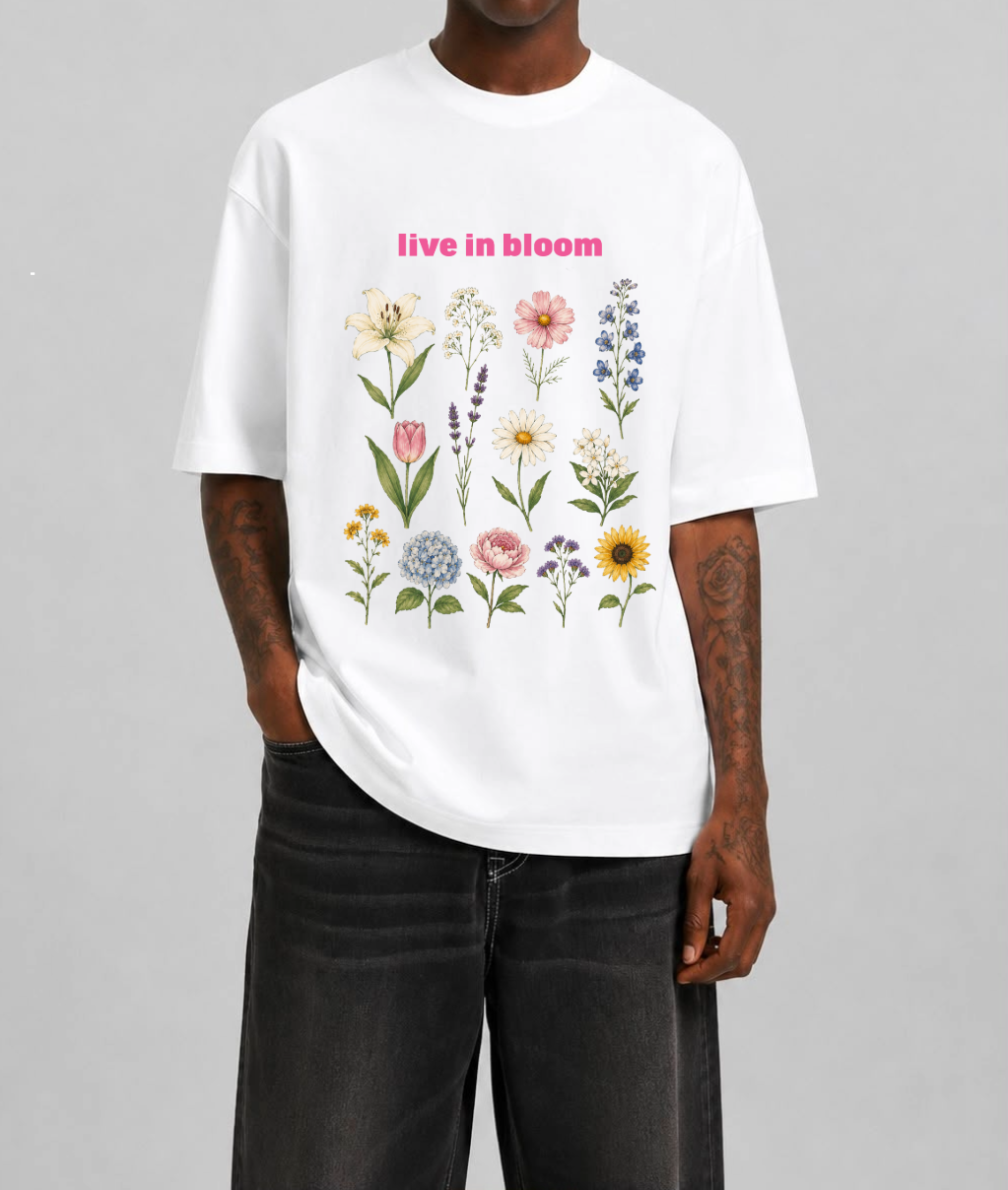 Live in Bloom Front Print Oversized Tee | Black & White