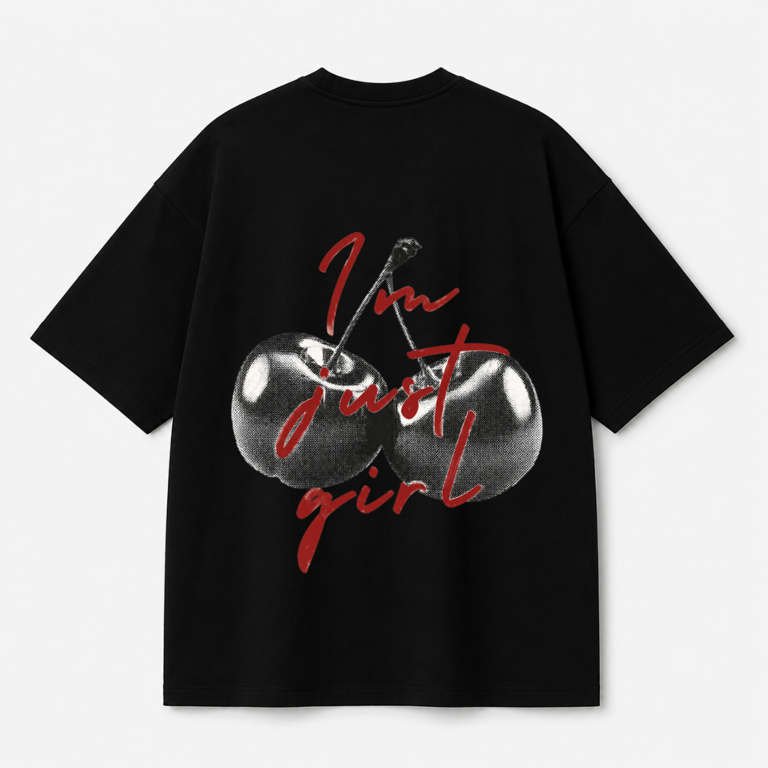 I'm Just Girl Cherry Graphic Tee — Black / White