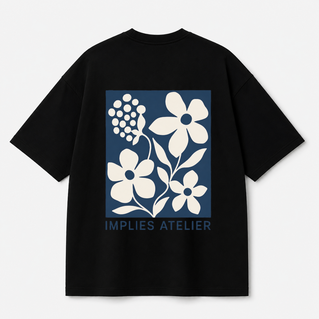 Implies Atelier Signature Floral Back Print Oversized Tee | Black & White