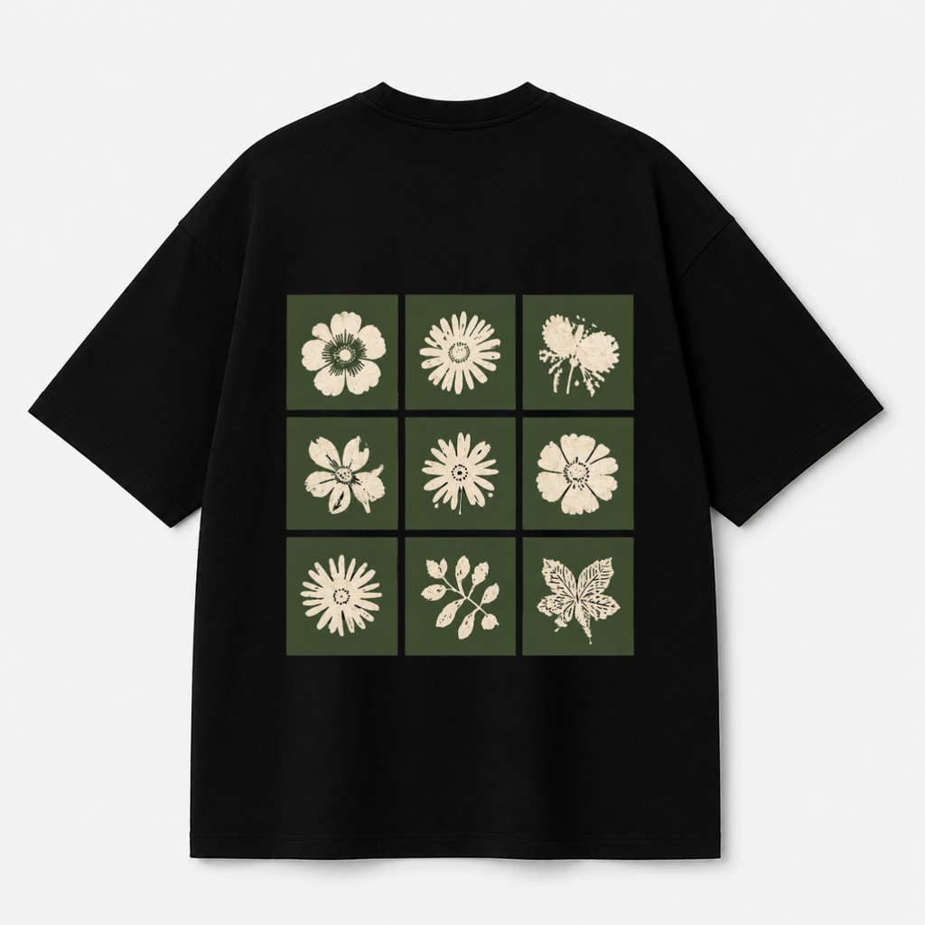 Botanical Grid Back Print Oversized Tee | Black & White