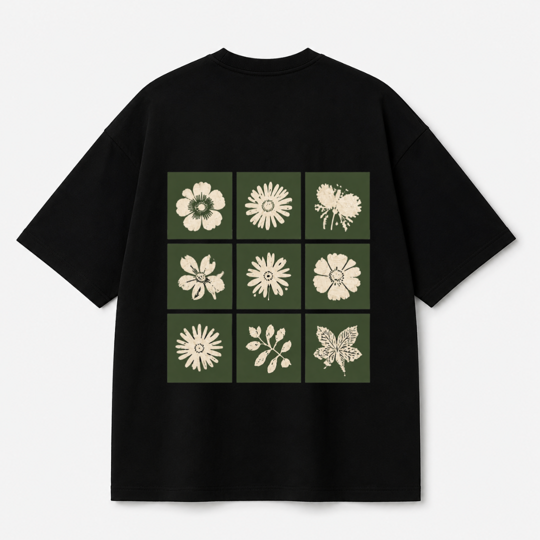 Botanical Grid Back Print Oversized Tee | Black & White