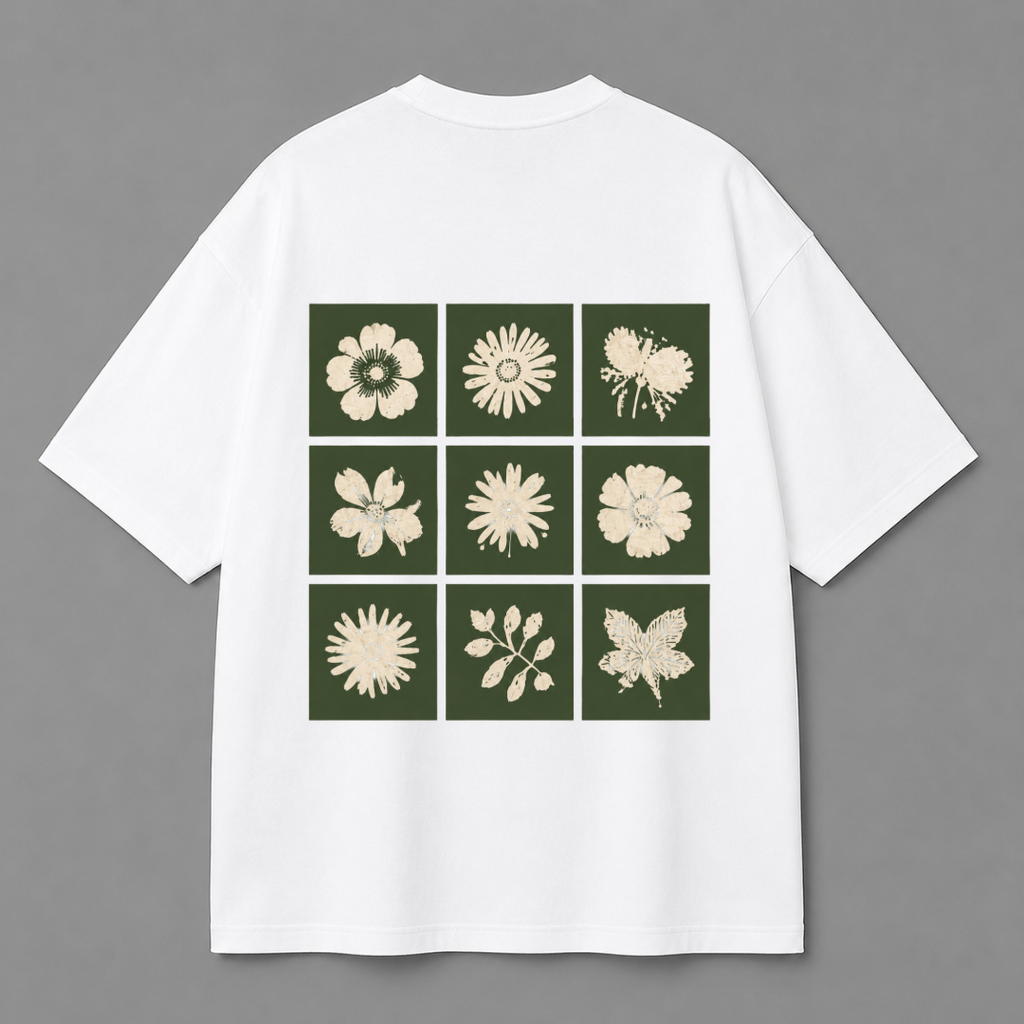 Botanical Grid Back Print Oversized Tee | Black & White