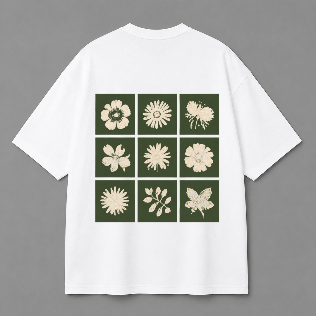 Botanical Grid Back Print Oversized Tee | Black & White